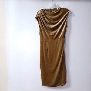 THML Ruched shoulder velvet shift dress in Gold Size S
